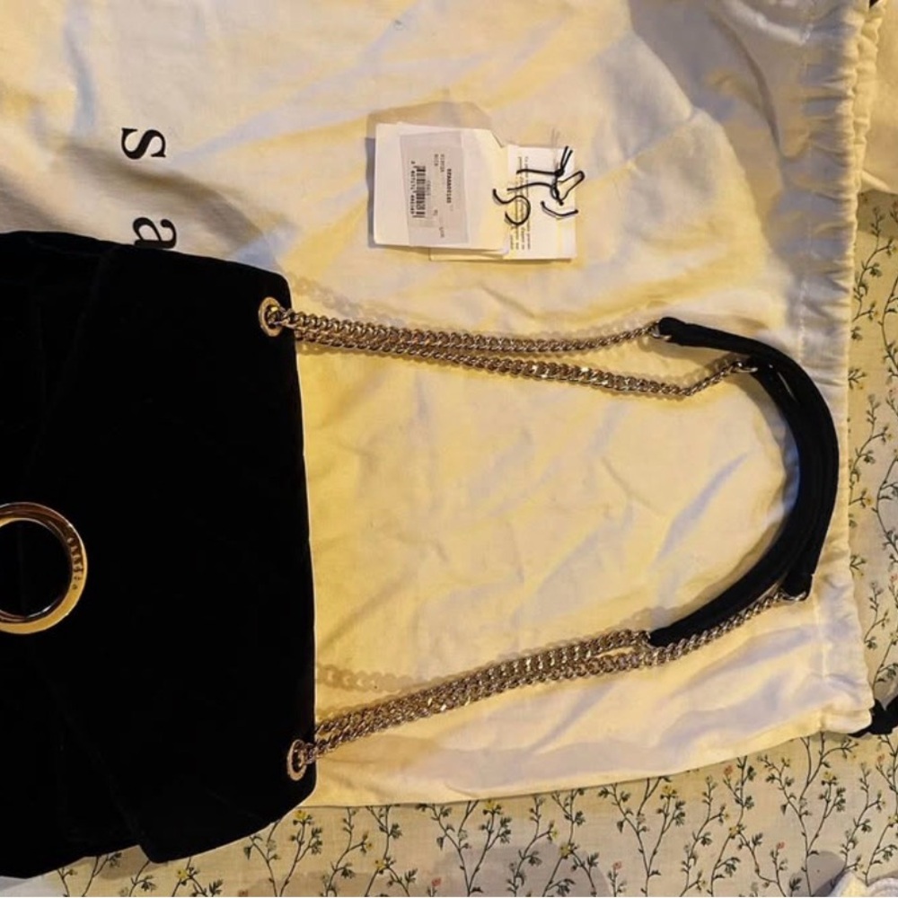 Sandro Black Velvet Shoulder Bag with Gold-Tone Chain - Picture 5 of 8